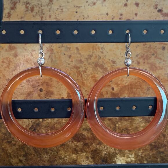 Sterling Silver and Carnelian Agate Earrings Front Facing Hoop Made in USA - Picture 2 of 7